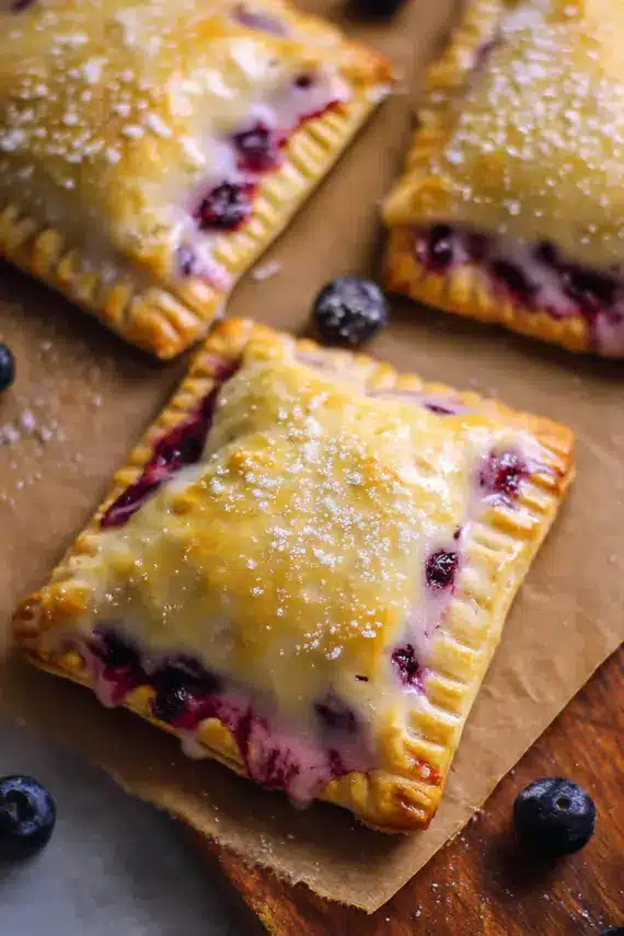 Blueberry pop tarts with glaze arranged on a breakfast table with fresh fruit and coffee