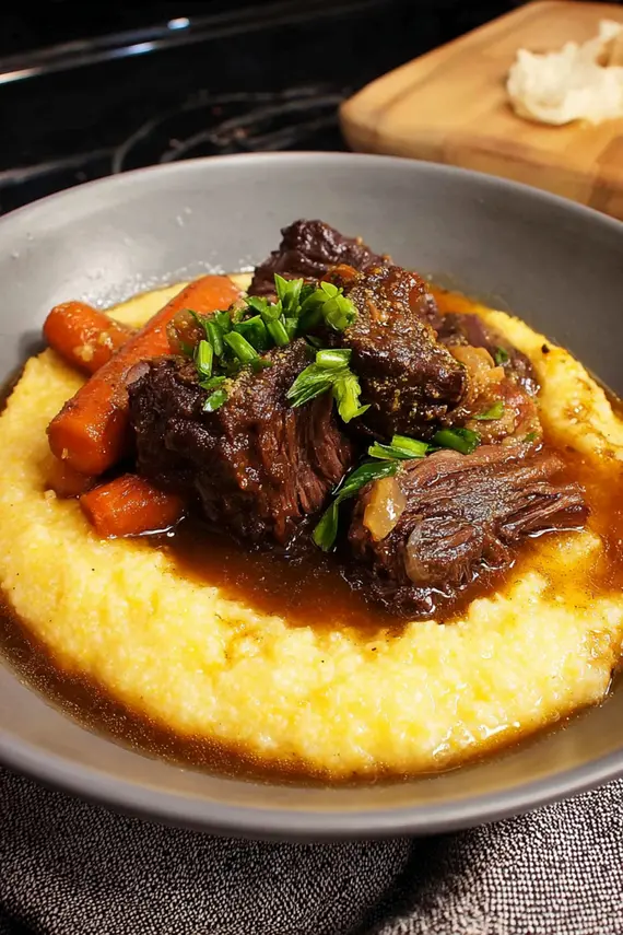 Braised beef cheeks with polenta on a plate