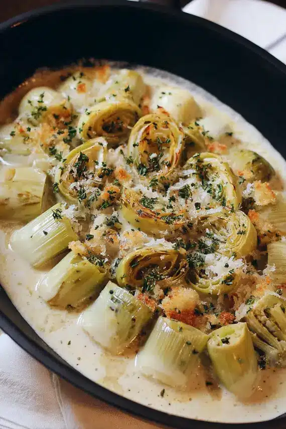 Creamy braised leeks in a white serving dish with herb garnish