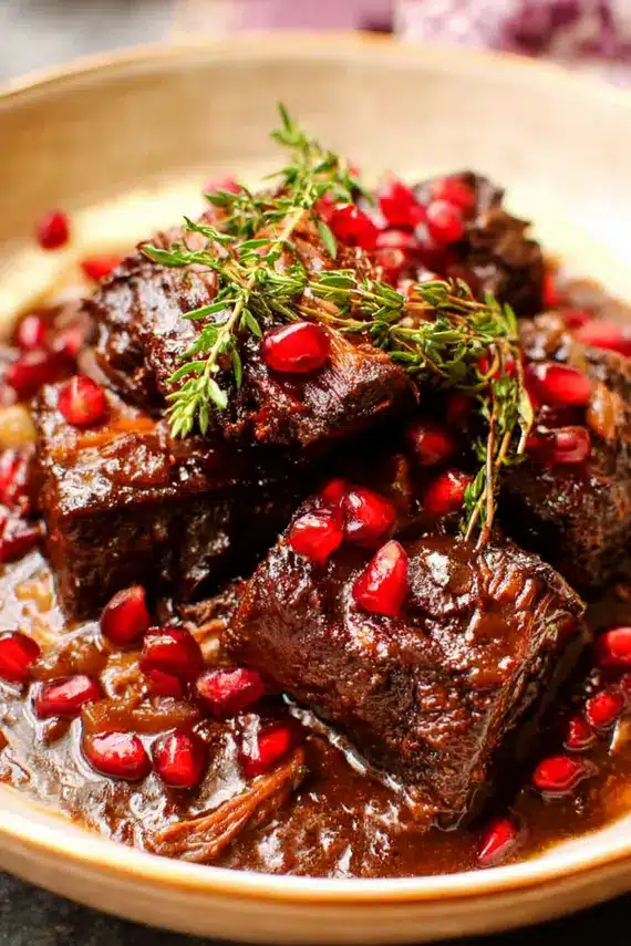 Braised short ribs with pomegranate demi glace on a white plate garnished with fresh pomegranate seeds