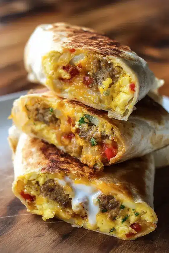 Freshly baked Sheet Pan Breakfast Burritos cut into squares showing eggs, cheese and vegetables