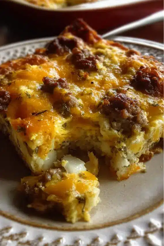 Served portion of Green Chile Sausage Breakfast Casserole on a plate with garnishes