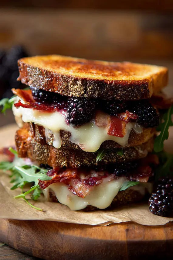 Blackberry brie bacon sandwich on a wooden board with fresh blackberries on the side