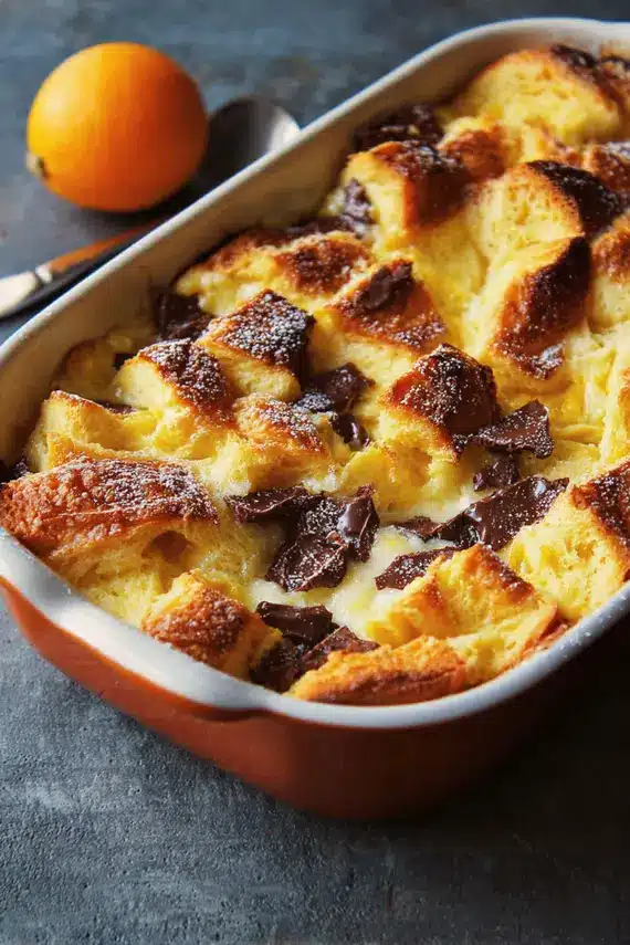 Orange Brioche Bread Pudding with golden top and citrus accents