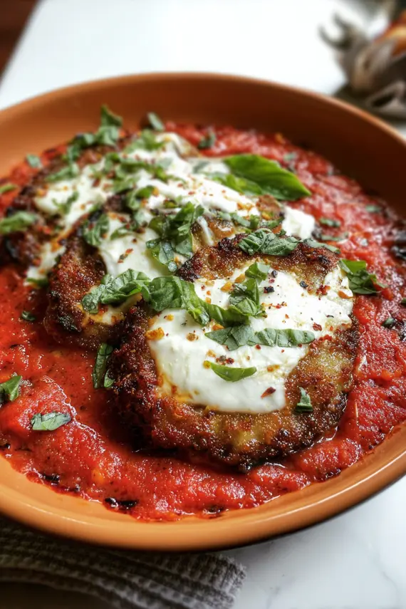 Creamy burrata cheese being torn over layers of eggplant parmigiana