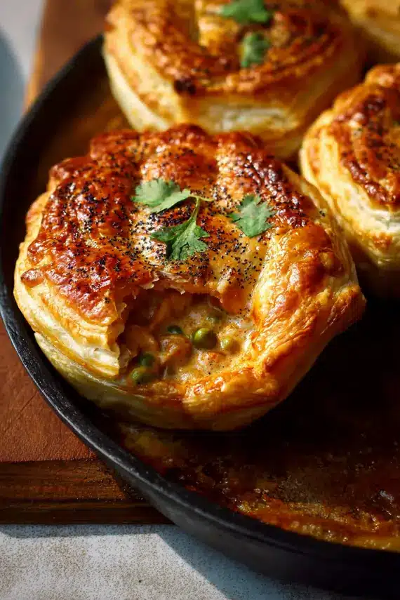 Freshly baked butter chicken puff pastry pies showing golden, flaky exteriors