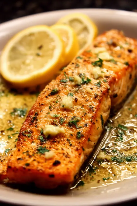 Perfectly baked garlic butter salmon on a parchment-lined baking sheet