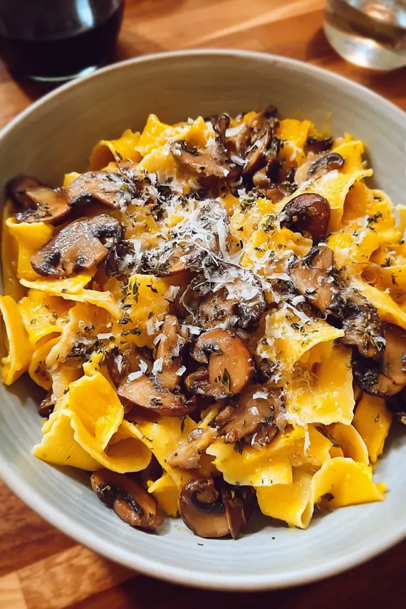 Butternut Squash Pasta with Mushrooms in a skillet