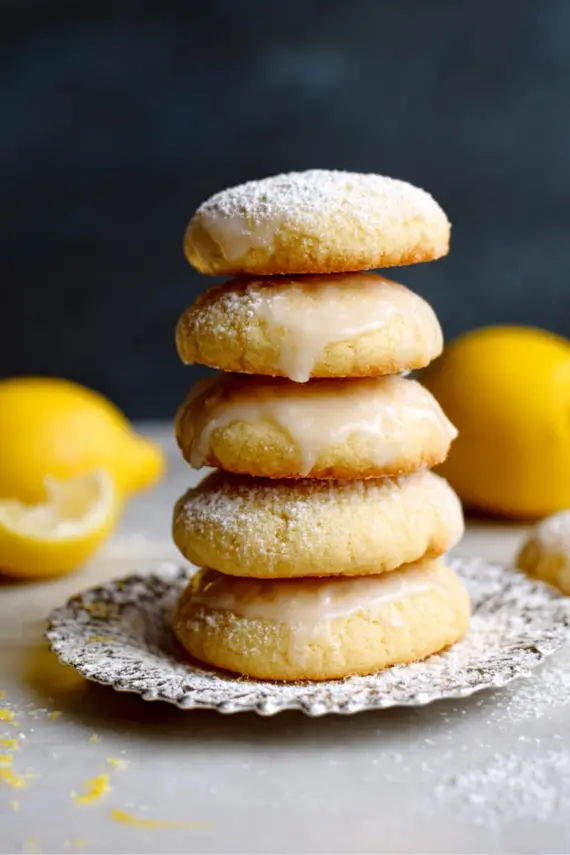 Stack of buttery lemon cookies with bright yellow glaze on a serving plate