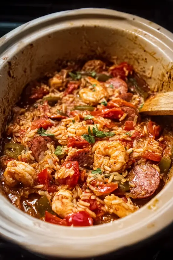 Slow Cooker Cajun Jambalaya in a ceramic bowl, showing tender chicken, sausage slices, and perfectly cooked rice with bright vegetables
