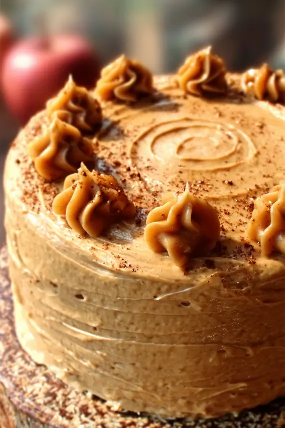 Close-up of smooth caramel frosting being spread on apple cake showing rich texture
