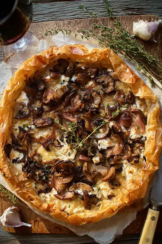Mushroom Caramelized Onion Phyllo Tart served with salad on a wooden board