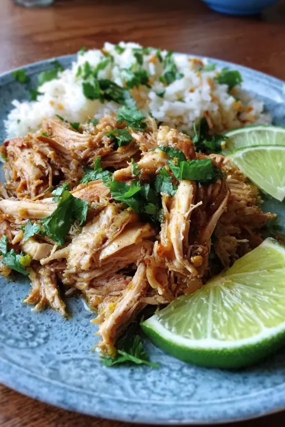 Slow cooker chicken carnitas served in corn tortillas with colorful toppings including avocado, cilantro, and lime wedges