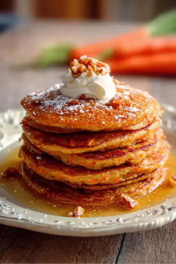 Carrot cake pancakes stacked on a plate with cream cheese drizzle