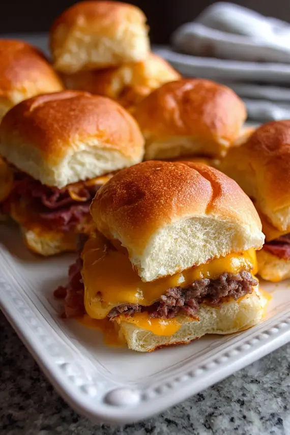 Beef cheddar sliders with melted cheese on a platter