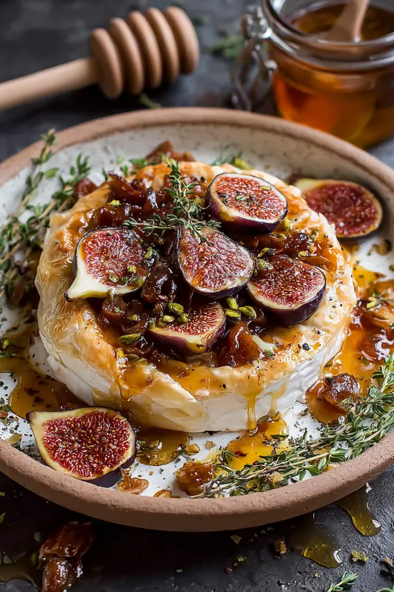 Baked Brie with Figs and Honey on a serving platter with crackers