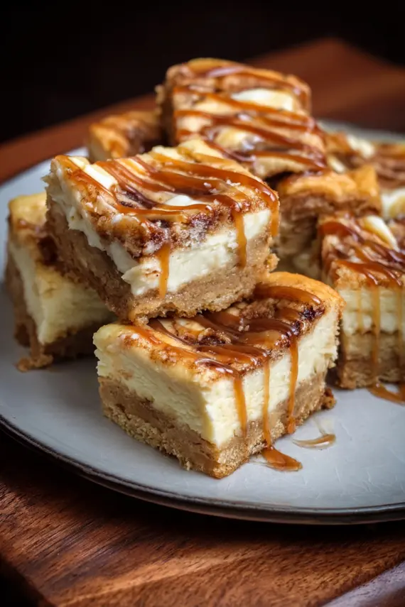 Blender cinnamon roll cheesecake bars served with fresh berries and a dusting of powdered sugar