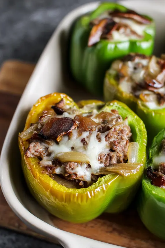 Cheesesteak stuffed bell peppers with melted cheese on top