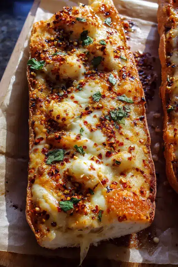 Freshly baked Chili Garlic Mozzarella Bread with melted cheese and red chili flakes