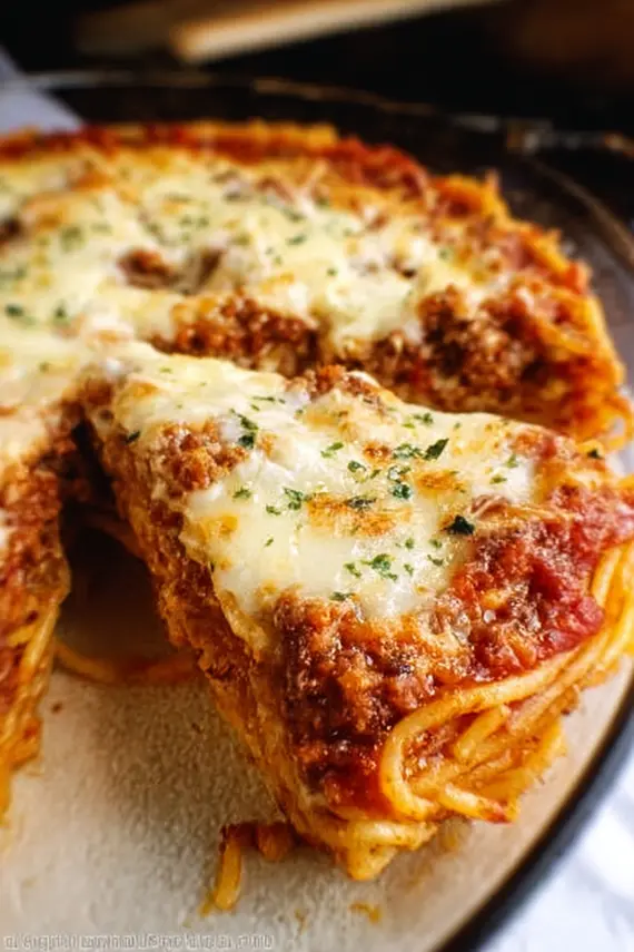Slice of baked spaghetti pie on a plate showing layers of pasta, meat sauce and melted cheese