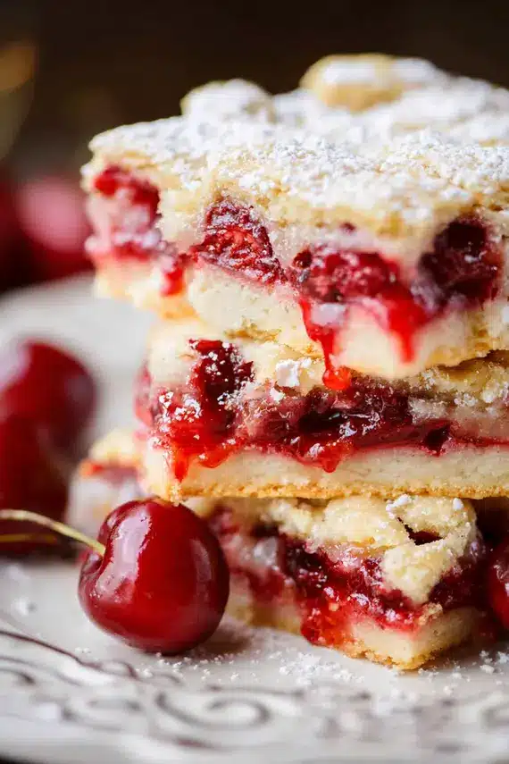 Freshly baked sugar cookie sweet cherry pie bars showing the crumbly top and cherry filling