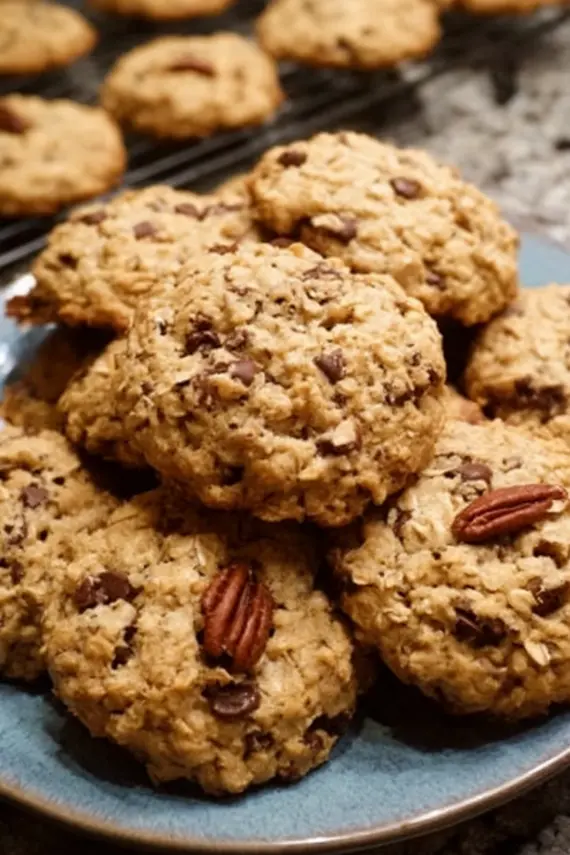 Cowboy cookies served on a rustic wooden plate with a glass of milk