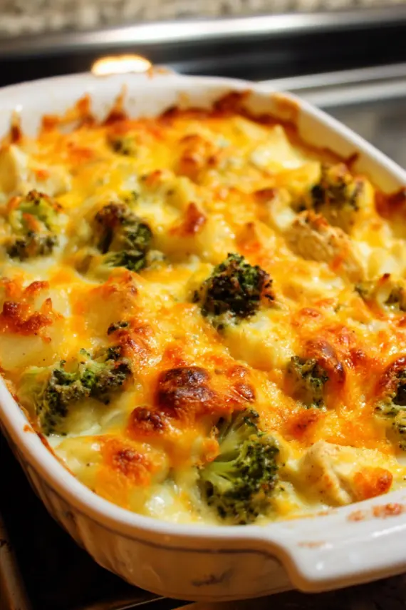 Cheesy Chicken Broccoli Potato Casserole freshly baked in a casserole dish
