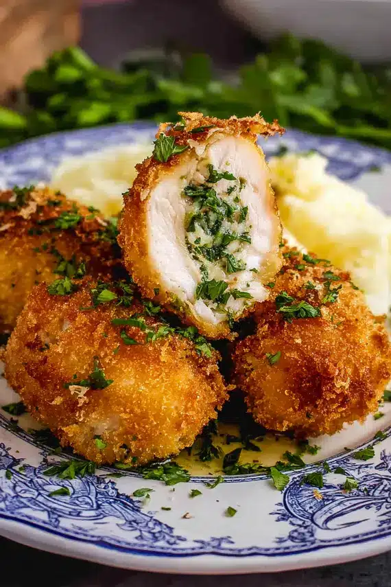 Crispy golden Chicken Kyiv with garlic butter filling oozing out