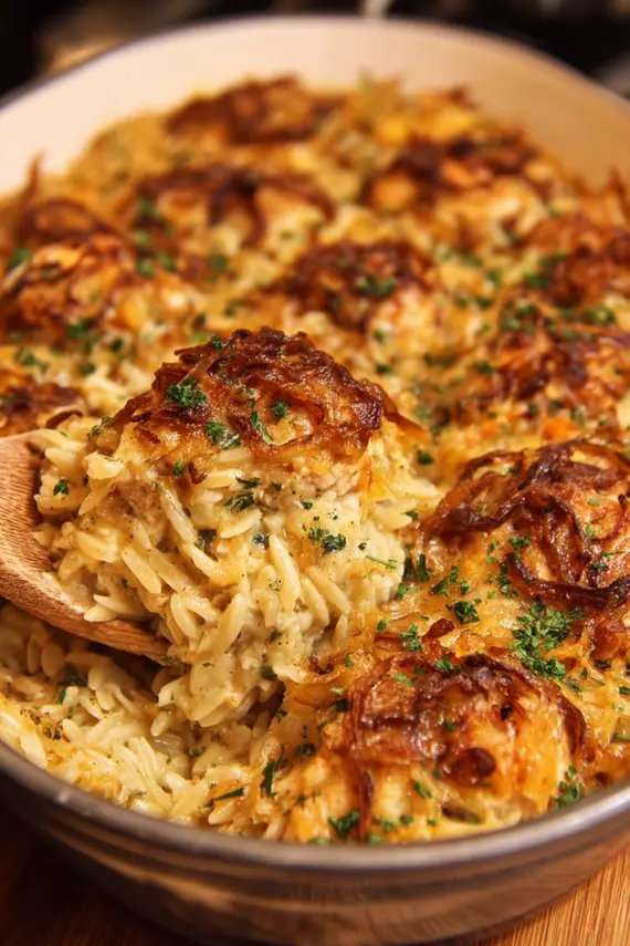 Caramelized Onion Chicken Orzo Bake with golden cheese topping in a baking dish
