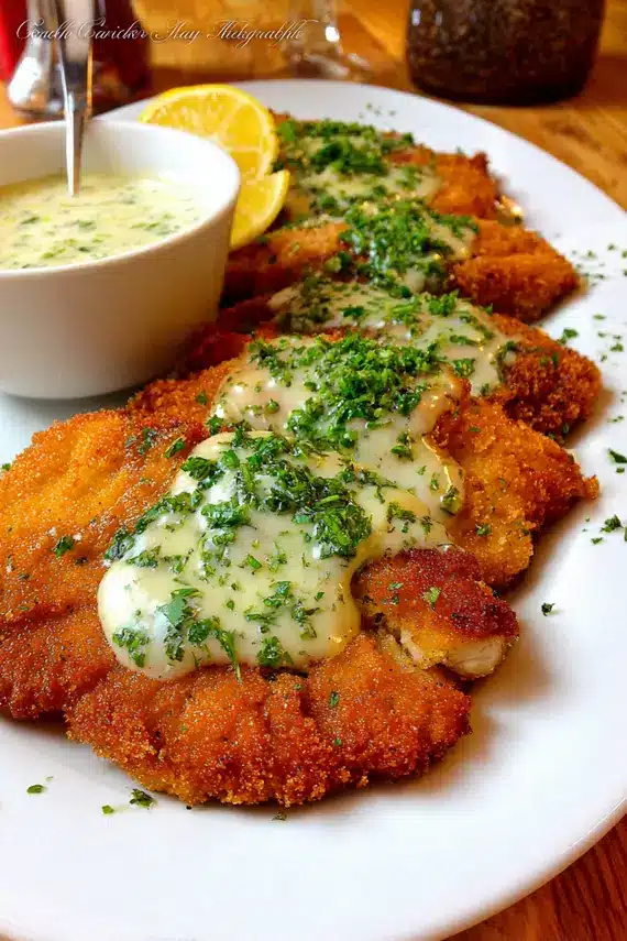 Golden crispy chicken schnitzel with garlic dressing on a white plate with lemon wedges