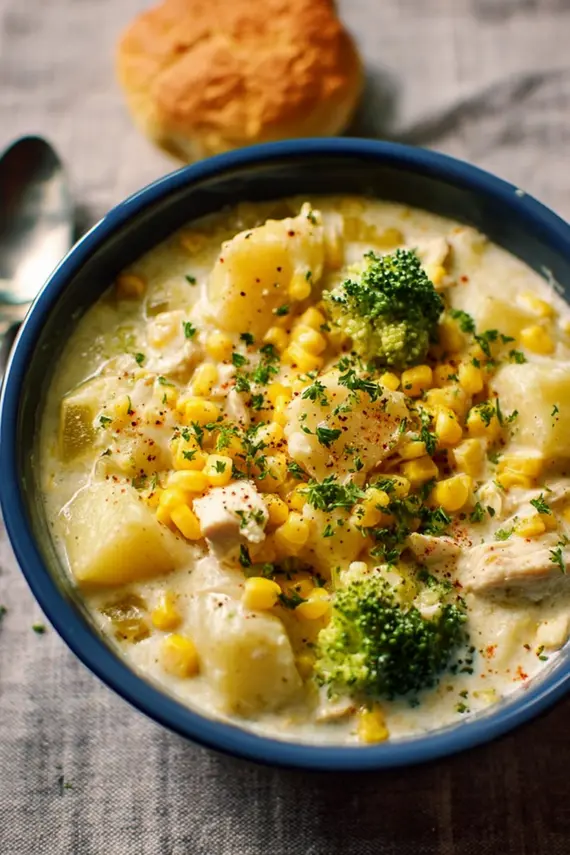 Chicken potato broccoli corn chowder in a bowl showing creamy texture with visible vegetables and chicken pieces