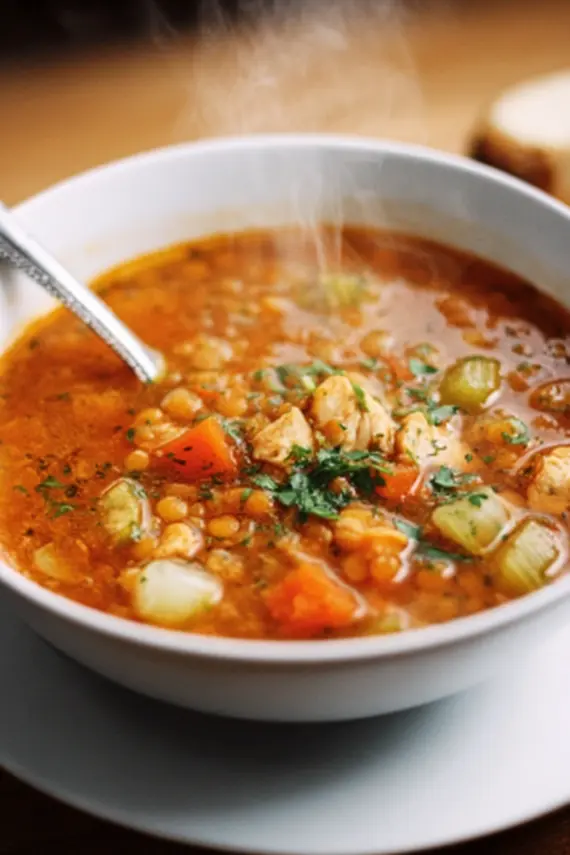Chicken red lentil soup served in a rustic bowl with garnishes and crusty bread