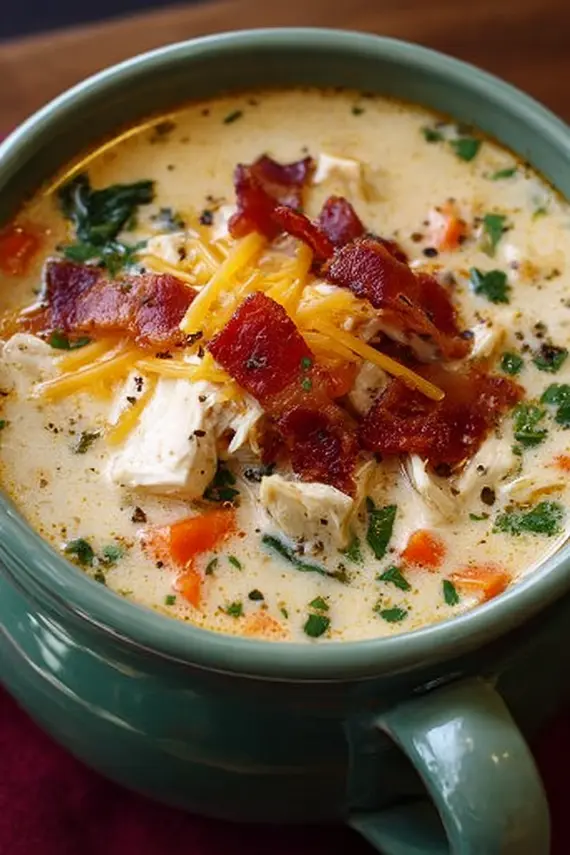 Creamy Chicken Bacon Ranch Soup in a white bowl topped with crispy bacon and fresh herbs