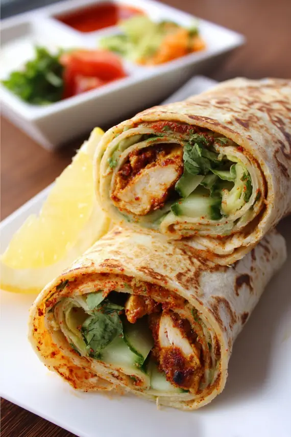 Beautifully arranged tandoori chicken wraps on a serving platter with fresh ingredients and yogurt-mint sauce on the side