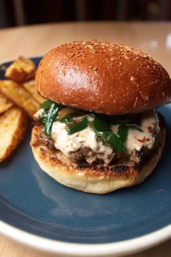 Chipotle Poblano Burgers with melted cheese and roasted poblano peppers