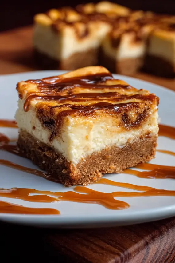 Freshly baked blender cinnamon roll cheesecake bars with cream cheese drizzle