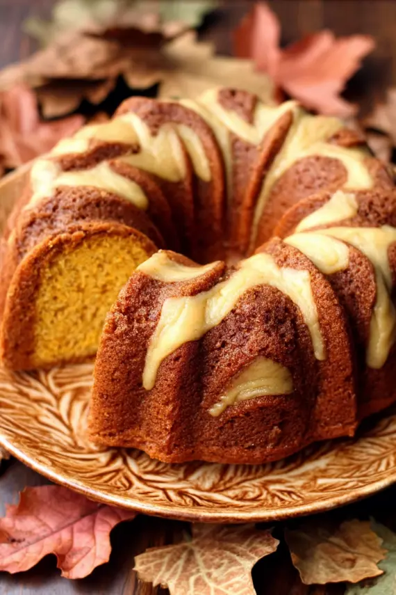 Sliced sour cream cinnamon swirl pumpkin bundt cake showing beautiful swirl pattern