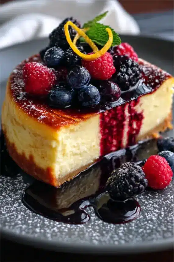 Citrus Berry Burnt Cheesecake served with fresh berries and citrus segments