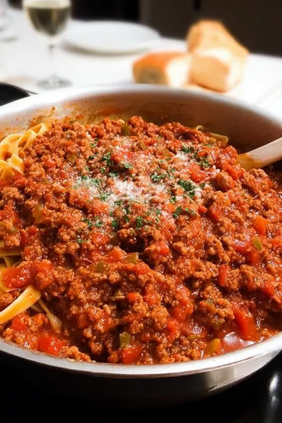 Classic bolognese sauce served over pasta with parmesan