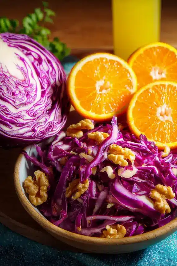 Close-up of clementine vinaigrette being drizzled over the Red Cabbage Clementine Salad, showing the vibrant colors and textures