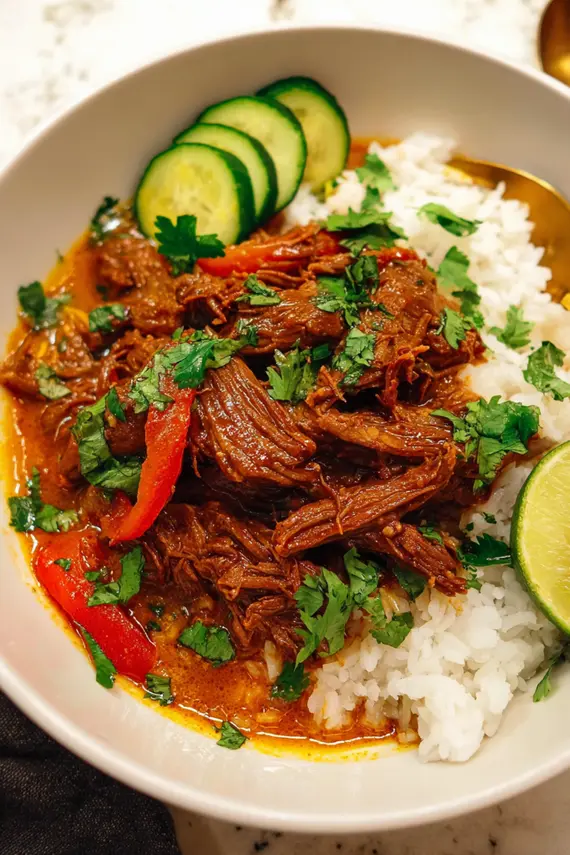 Delicious Coconut Curry Shredded Beef in a bowl with rice and garnishes
