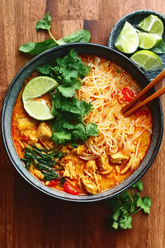 Steaming bowl of coconut curry noodle soup with vibrant vegetables and fresh herbs