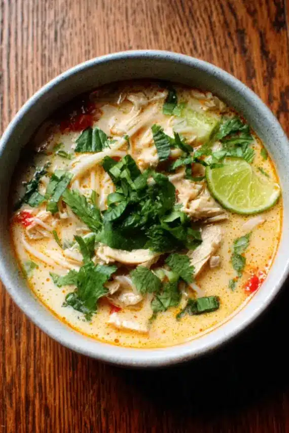 Thai Coconut Chicken Soup in a white bowl garnished with cilantro and lime