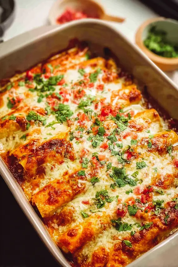 Creamy coconut sauce being poured over chickpea enchiladas before baking