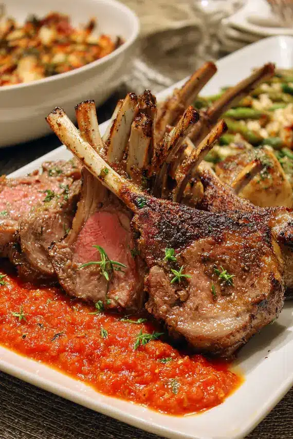 Lamb Rack with Coconut Tomato Sauce finished dish showing the creamy sauce