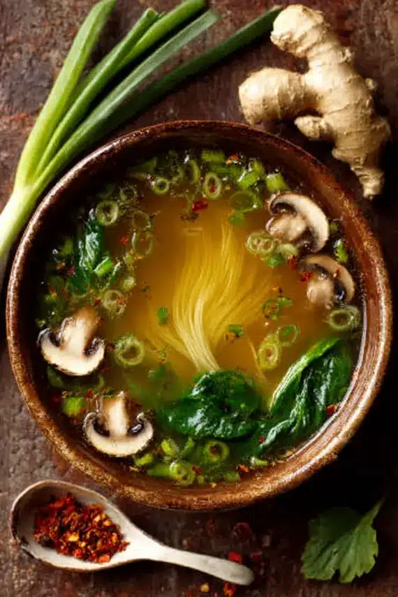 Ginger Garlic Healing Broth with garnishes and serving suggestions