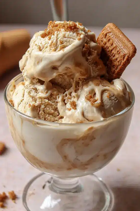 Scoops of biscoff cookie butter homemade ice cream with cookie pieces