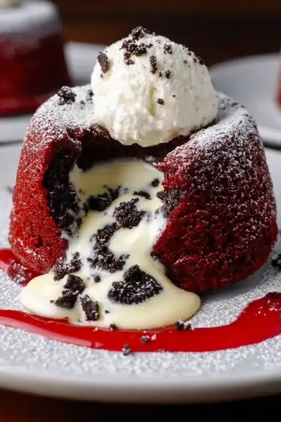 Cookies and cream dessert featuring red velvet lava cake with cookie crumbles and a scoop of vanilla ice cream on a decorative plate