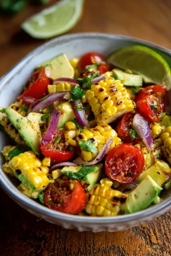 Close-up of grilled corn avocado tomato salad showing vibrant colors and fresh ingredients in a white bowl