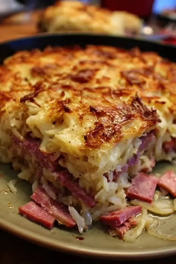Delicious Reuben casserole bake fresh from the oven showing layers of corned beef, sauerkraut and melted cheese